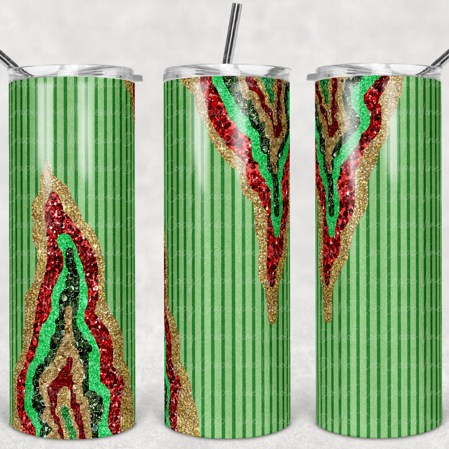 Christmas Glitter Geode (green stripes) 20oz Skinny Tumbler Grape Vine Wholesale
