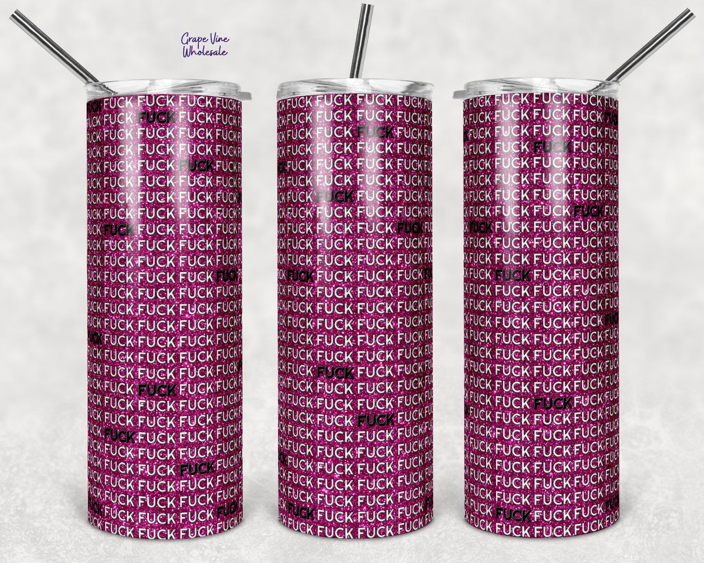F BOMB Hot Pink Glitter Burst 20oz Skinny Tumbler Grape Vine Wholesale