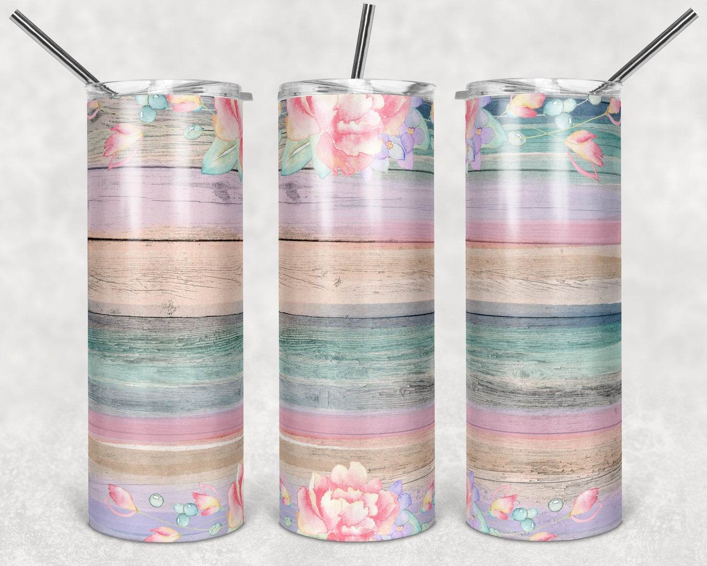 Flowers on Muted Pastel Woodgrain 20oz Skinny Tumbler Grape Vine Wholesale