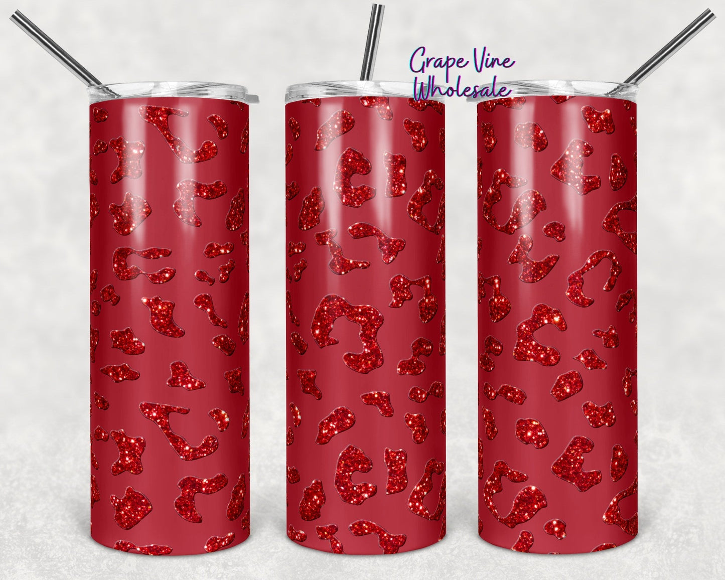Glittery Red Leopard on Matte Red 20oz Skinny Tumbler Grape Vine Wholesale