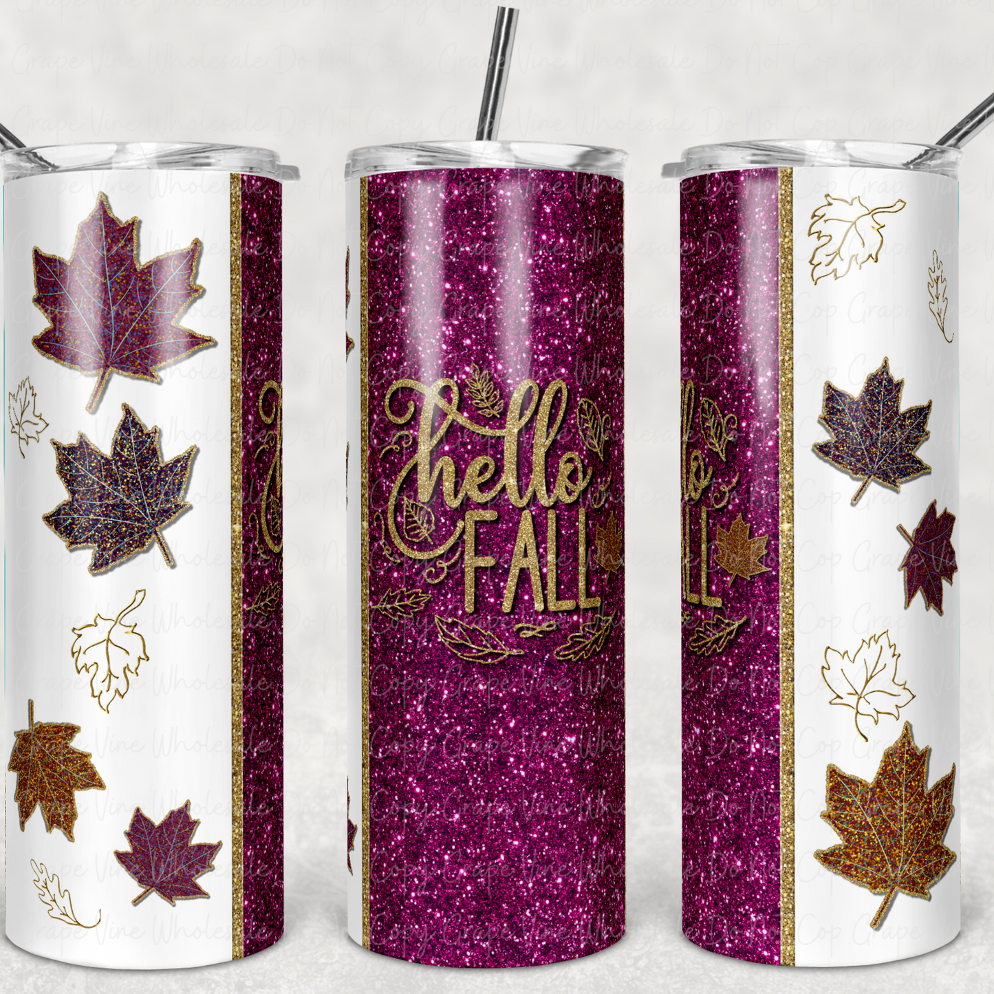 Hello Fall (burgundy) 20oz Skinny Tumbler Grape Vine Wholesale