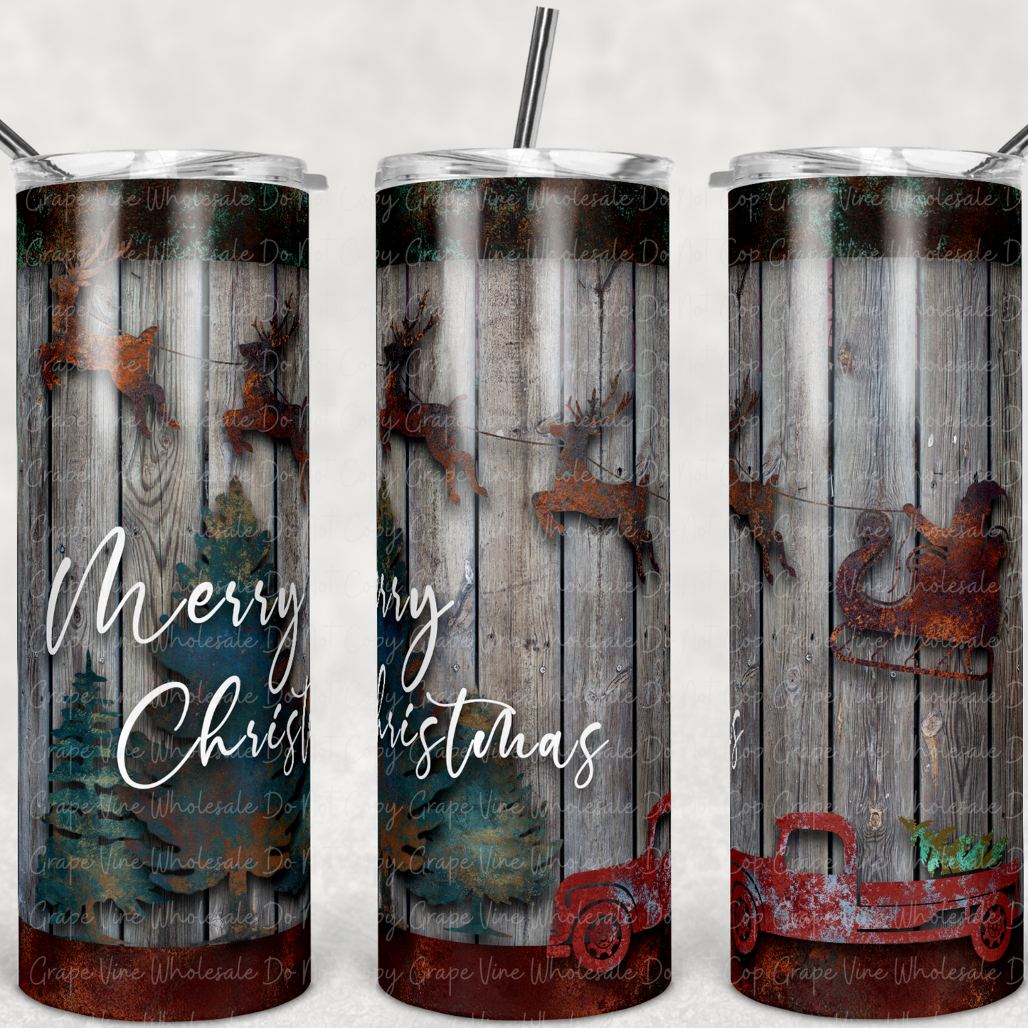 Merry Christmas Rustic Woodgrain 20oz Skinny Tumbler Grape Vine Wholesale