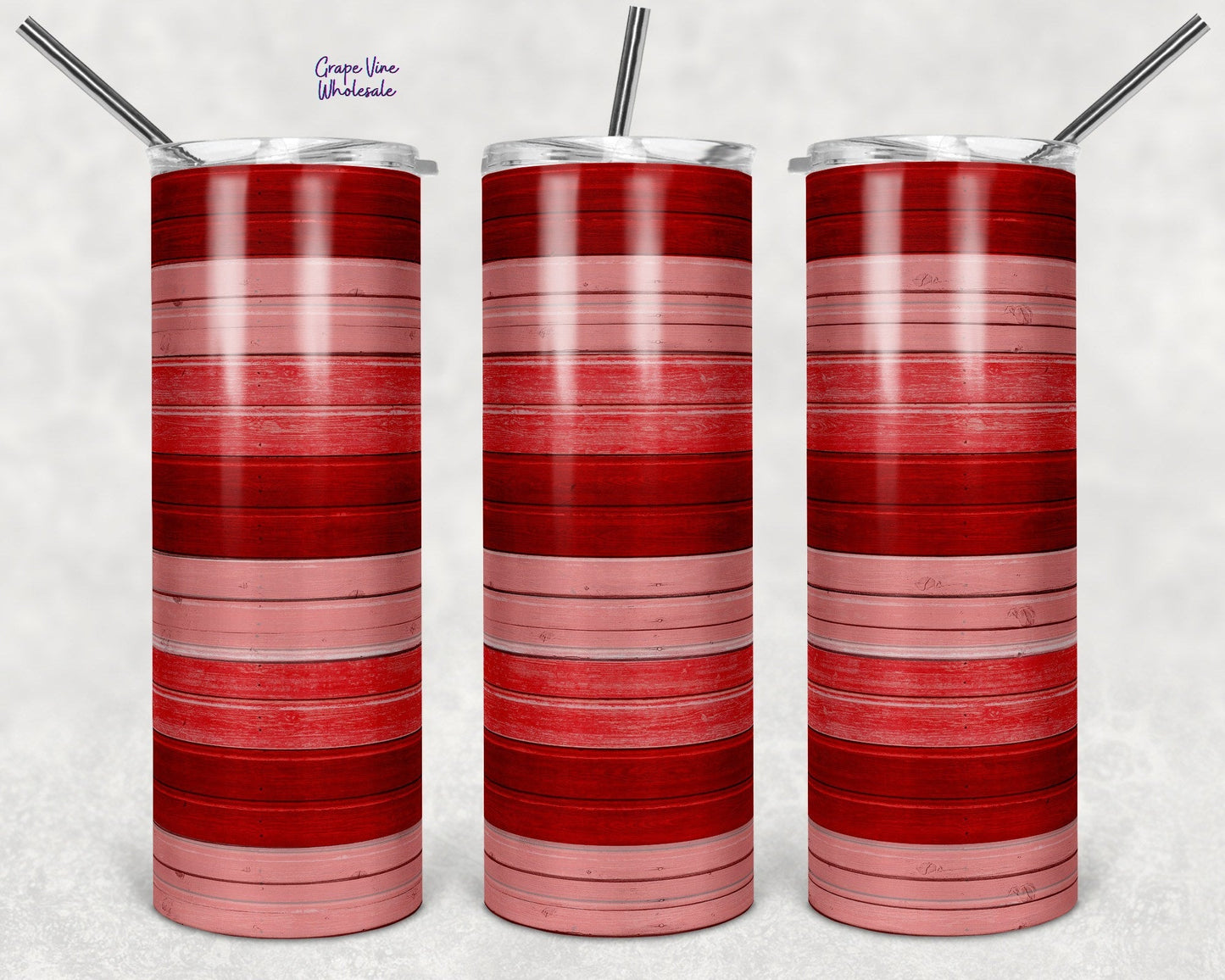 Red & Pink Striped Woodgrain Mock 20oz Skinny Tumbler Grape Vine Wholesale