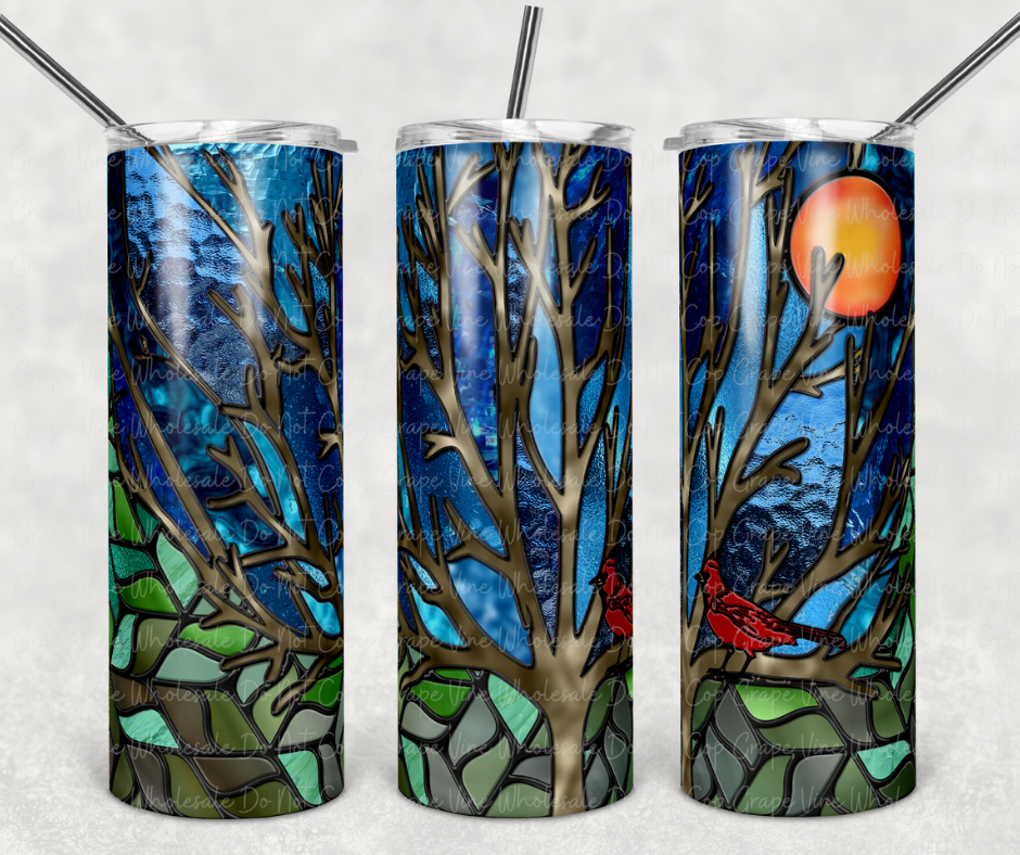 Stained Glass Cardinal 20oz Skinny Tumbler Grape Vine Wholesale