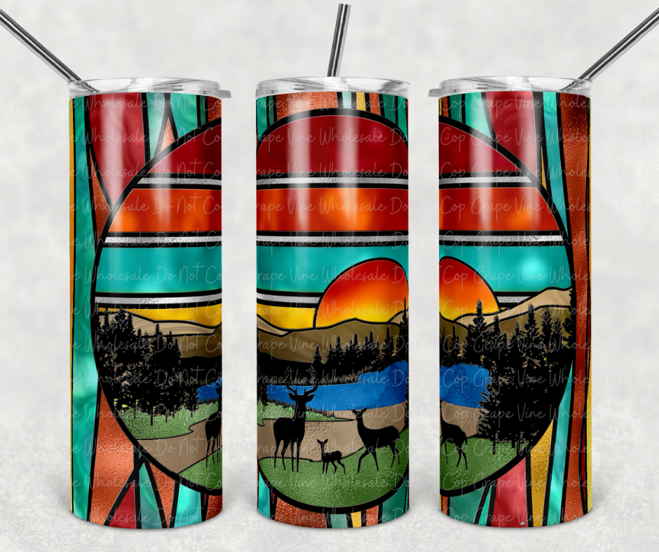 Stained Glass Sunset and Deer Family 20oz Skinny Tumbler Grape Vine Wholesale