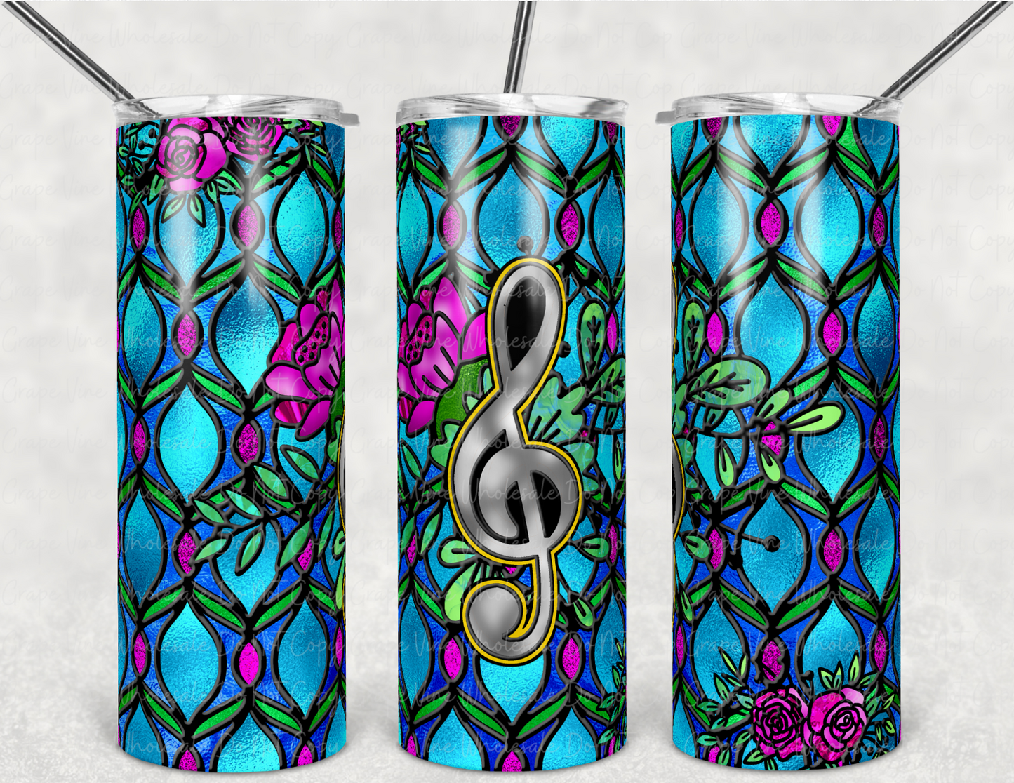 Stained Glass Treble Clef 20oz Skinny Tumbler Grape Vine Wholesale