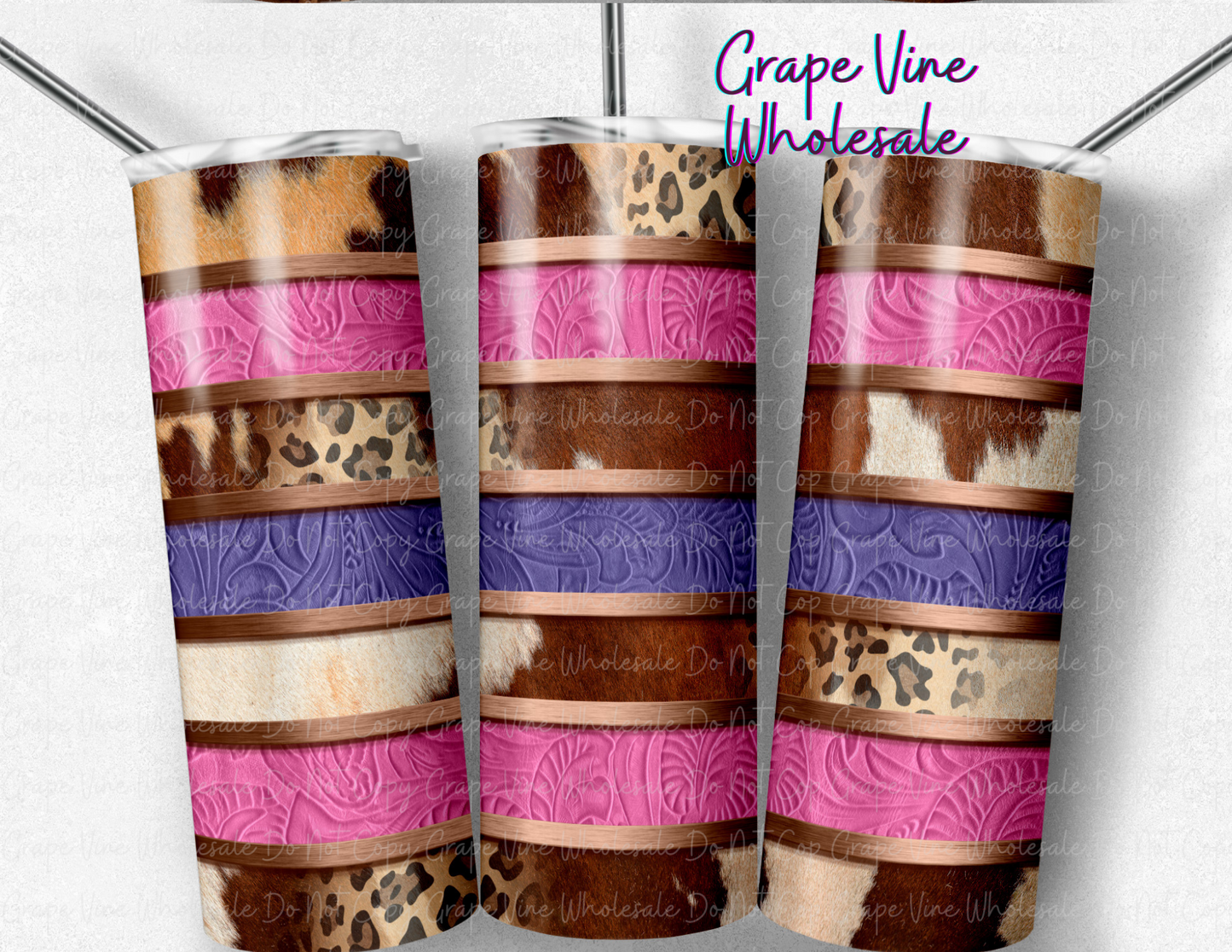 Striped Cowhide & Leopard - Pink and Purple- 20oz Skinny Tumbler Grape Vine Wholesale