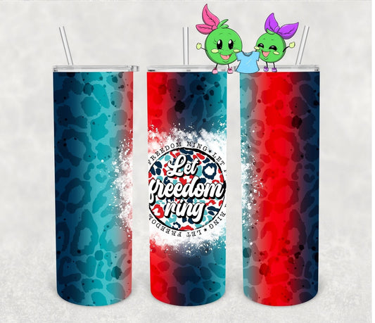 Let Freedom Ring -Red White and Leopard Tumbler - Skinny Tumbler - 20oz Tumbler with Lid and Straw - 2 Peas Tees