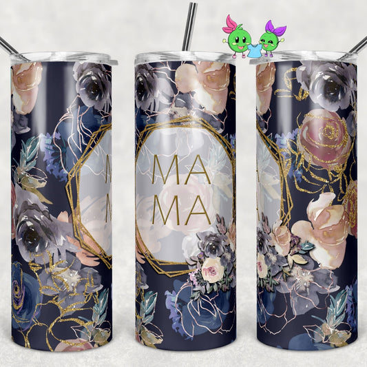 Navy Floral Mama - Cute skinny Tumbler - 20oz Tumbler with Lid and Straw - 2 Peas Tees