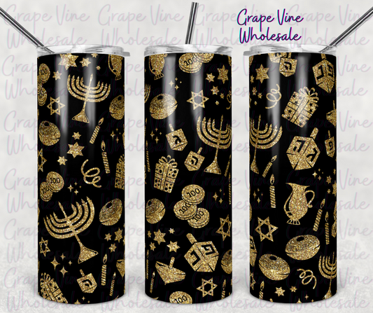 Black & Gold Hanukkah Spirit 20oz Skinny Tumbler Grape Vine Wholesale