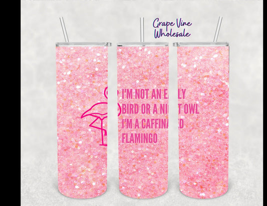 Caffeinated Flamingo Pink Sequin Print 20oz Skinny Tumbler Grape Vine Wholesale