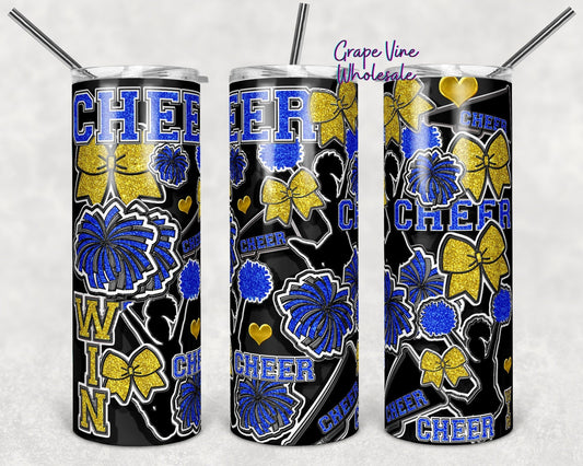 Cheer Spirit Blue & Gold Glitter Burst 20oz Skinny Tumbler Grape Vine Wholesale