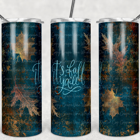 Fall Leaves - Teal - It's fall y'all- 20oz Skinny Tumbler Grape Vine Wholesale