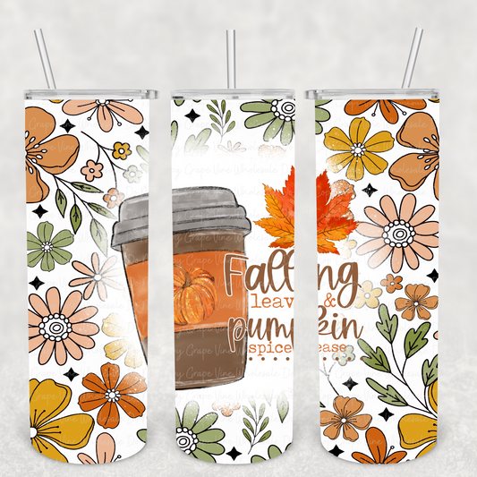 Fall Leaves and Pumpkin Spice Please 20oz Skinny Tumbler Grape Vine Wholesale