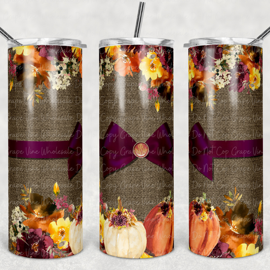 Fall Pumpkins (maroon bow) 20oz Skinny Tumbler Grape Vine Wholesale