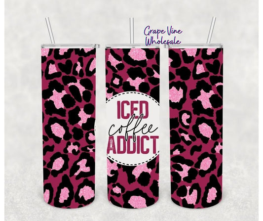 Iced Coffee Addict Pink Leopard Glitter Burst 20oz Skinny Tumbler Grape Vine Wholesale