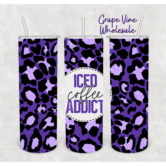 Iced Coffee Addict Purple Leopard Glitter Burst 20oz Skinny Tumbler Grape Vine Wholesale