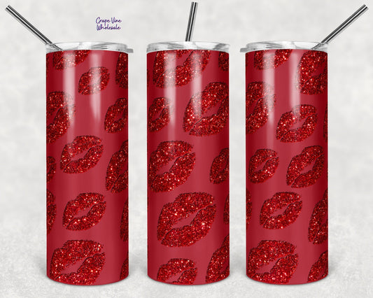 Kiss Me Like You Miss Me Red Glitter Burst 20oz Skinny Tumbler Grape Vine Wholesale