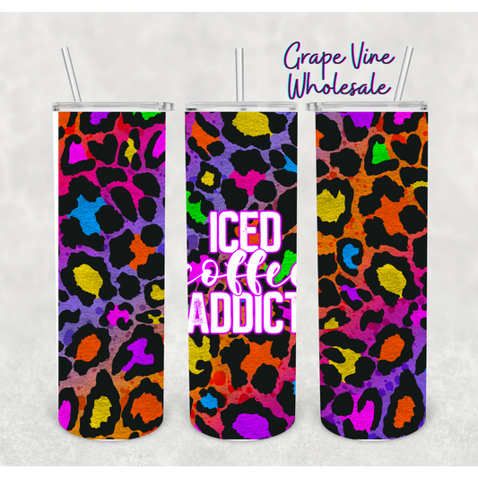 Leopard & Rainbow Ombre Iced Coffee Addict 20oz Skinny Tumbler Grape Vine Wholesale