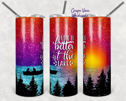 Life Is Better At The Lake Sunset Glitter Burst 20oz Skinny Tumbler Grape Vine Wholesale