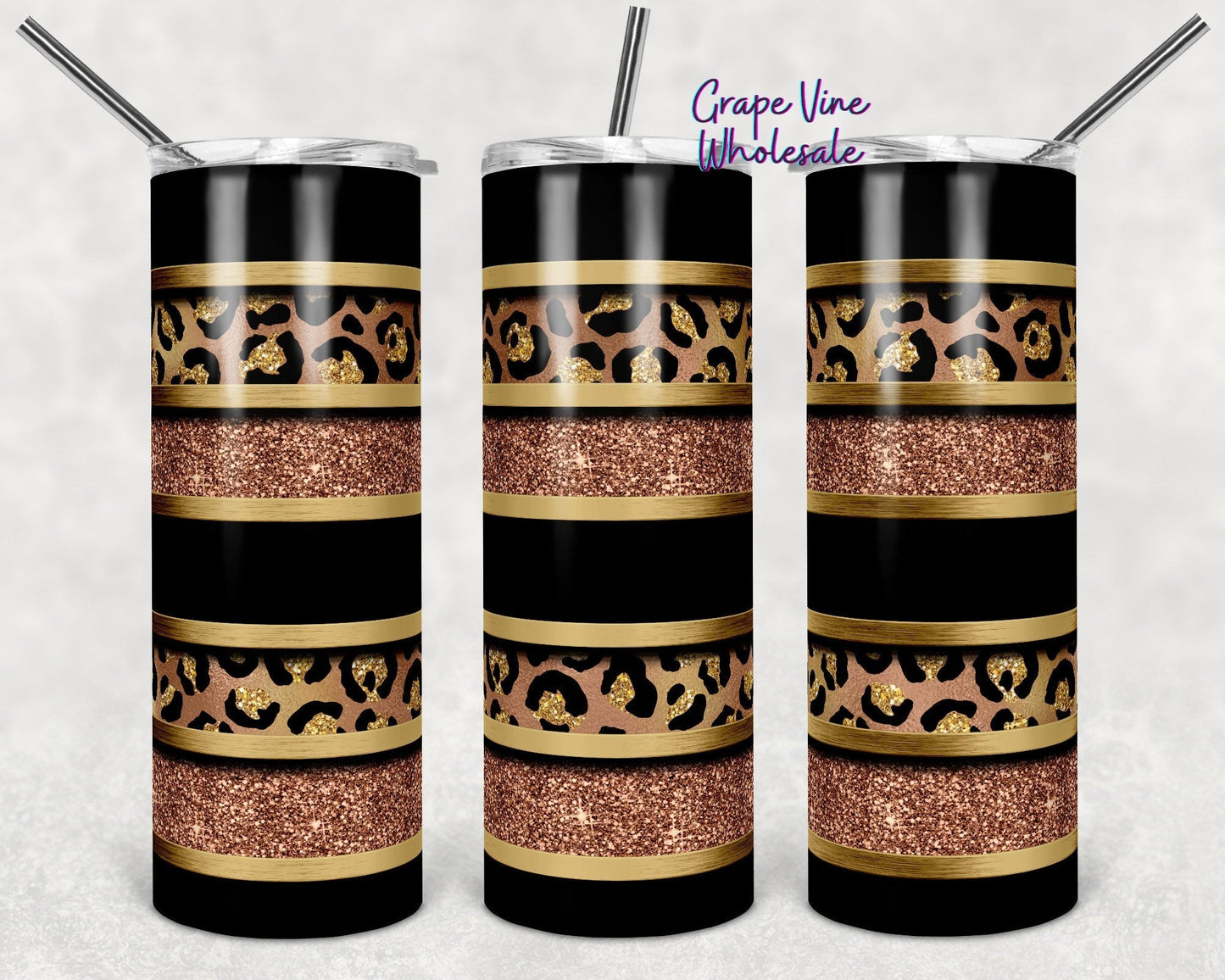 Matte Black & Gold Cheetah Stripe 20oz Skinny Tumbler Grape Vine Wholesale