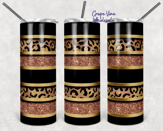 Matte Black & Gold Cheetah Stripe 20oz Skinny Tumbler Grape Vine Wholesale