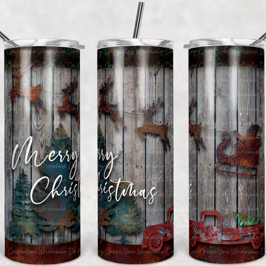 Merry Christmas Rustic Woodgrain  20oz Skinny Tumbler Grape Vine Wholesale