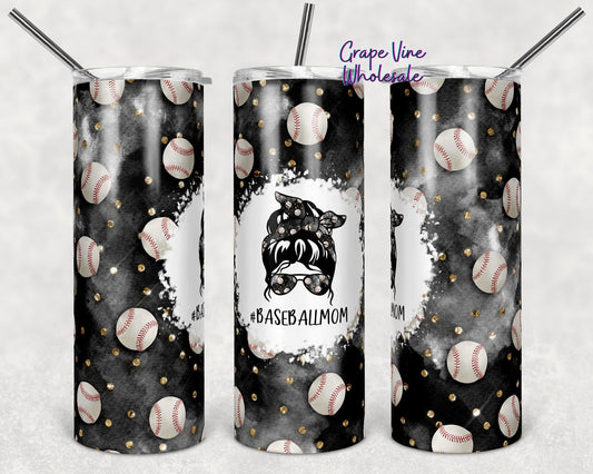 Messy #BaseballMom Bun 20oz Skinny Tumbler Grape Vine Wholesale