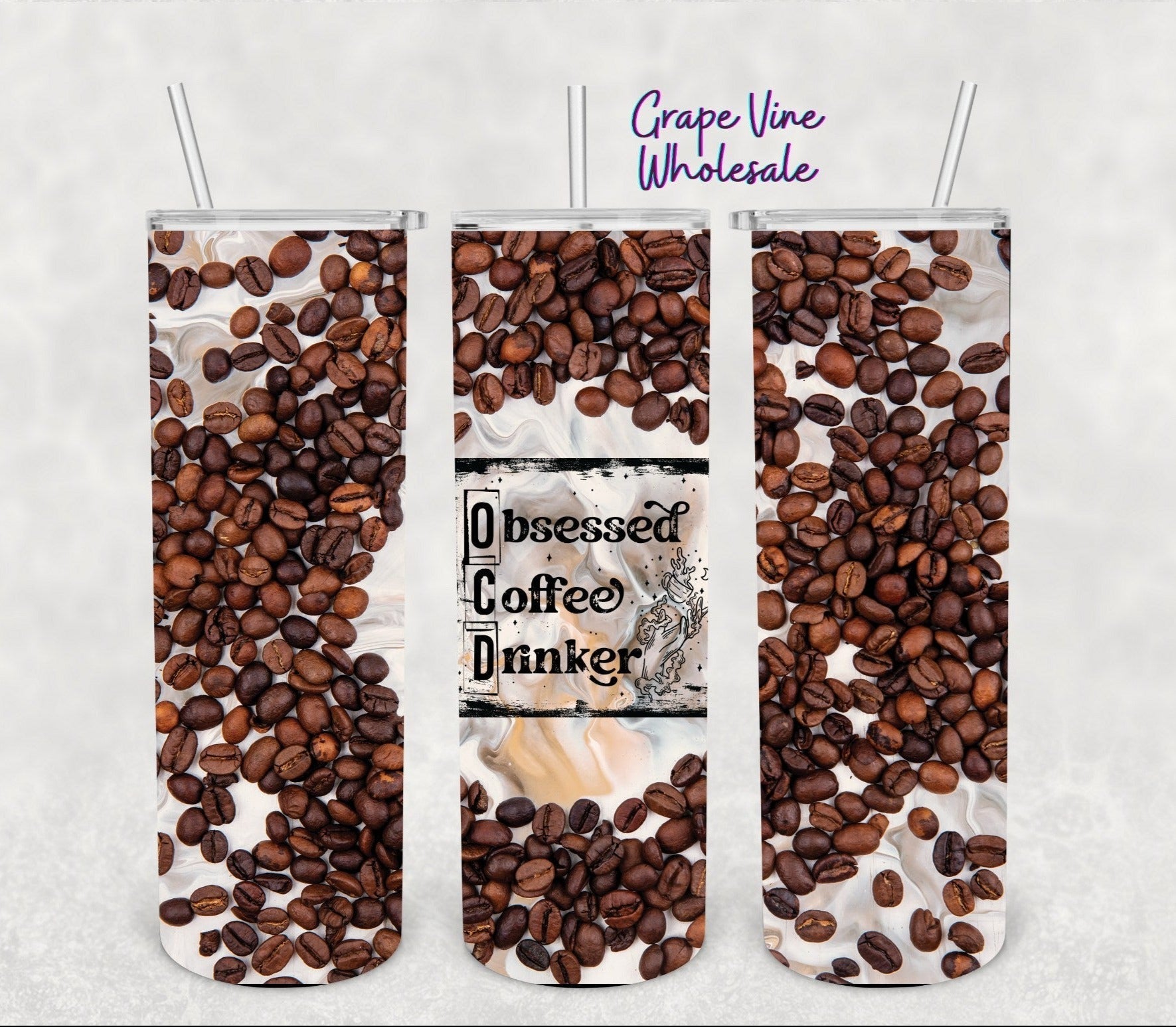 (OCD) Obsessed Coffee Drinker 20oz Skinny Tumbler Grape Vine Wholesale