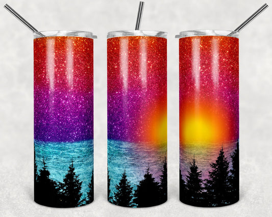 Ombre Glitter Lake Scene 20oz Skinny Tumbler Grape Vine Wholesale