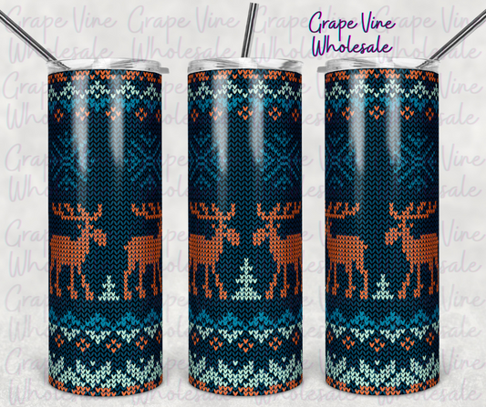 Orange & Teal Knitted Moose Christmas Sweater 20oz Skinny Tumbler Grape Vine Wholesale