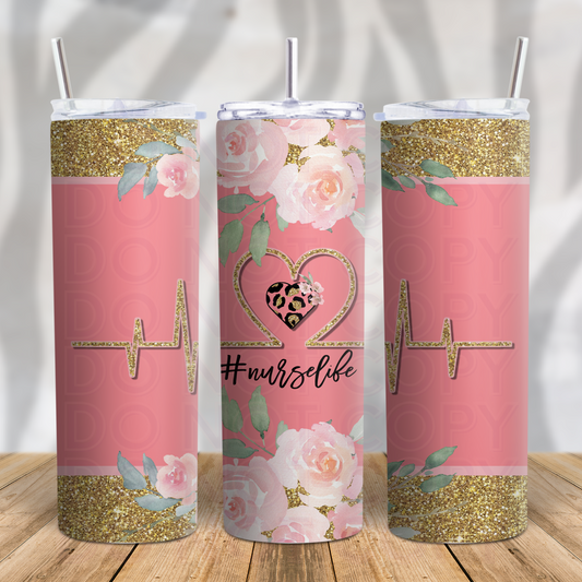 Pink Floral & Leopard Print Nurse Life 20oz Skinny Tumbler Grape Vine Wholesale