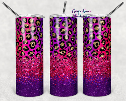 Pink & Purple Leopard Ombre Glitter Burst 20oz Skinny Tumbler Grape Vine Wholesale