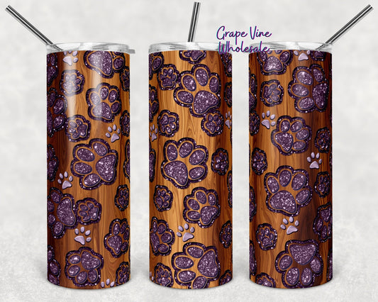 Purple Glitter Burst Paws On Woodgrain 20oz Skinny Tumbler Grape Vine Wholesale