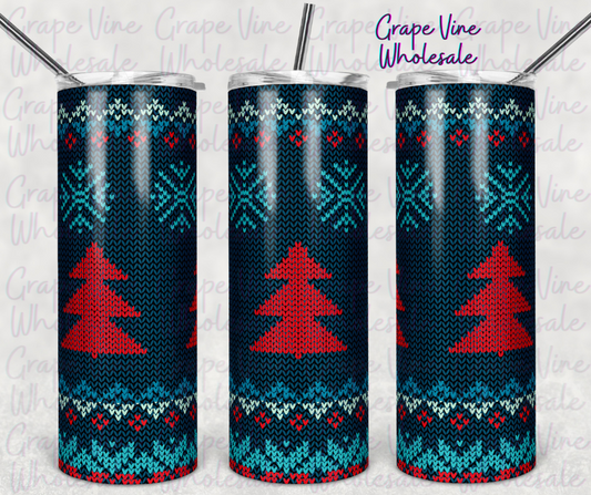 Red & Teal Knitted Christmas Tree Sweater 20oz Skinny Tumbler Grape Vine Wholesale