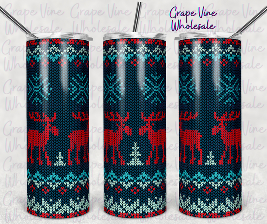 Red & Teal Knitted Moose Christmas Sweater 20oz Skinny Tumbler Grape Vine Wholesale