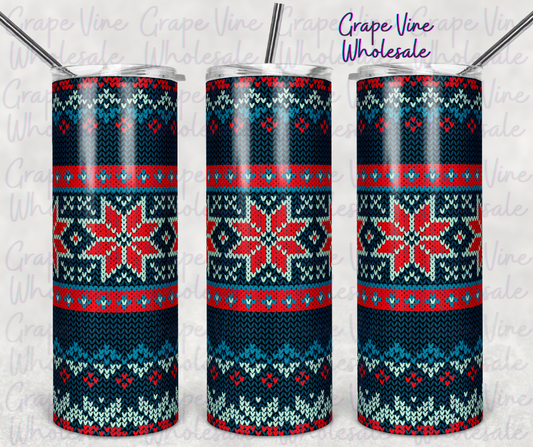 Red & Teal Knitted Snowflake Christmas Sweater 20oz Skinny Tumbler Grape Vine Wholesale