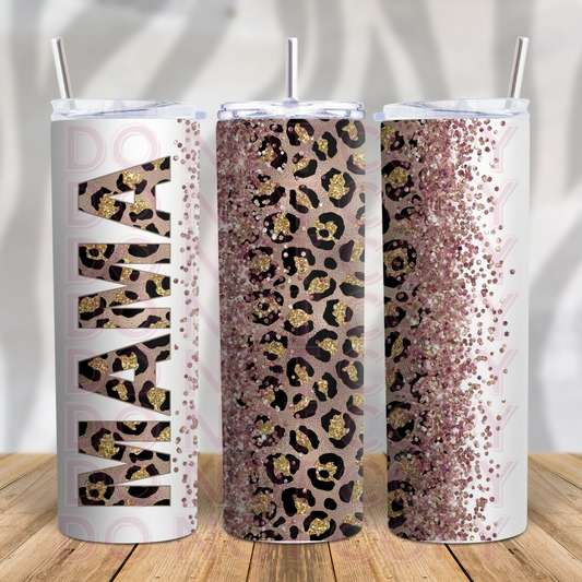 Rose Gold Glitter Burst & Leopard Mama 20oz Skinny Tumbler Grape Vine Wholesale