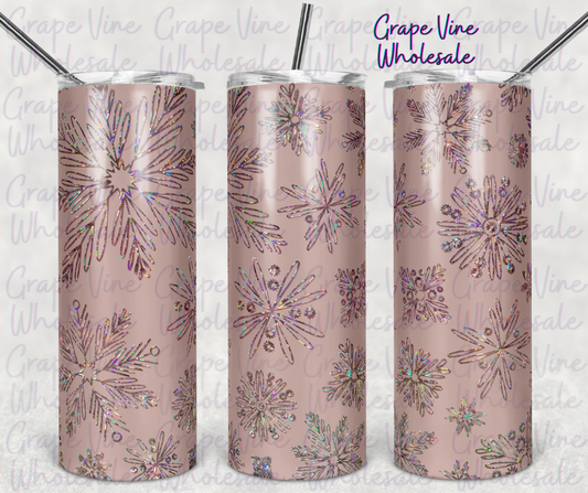 Rose Gold Holographic Snowflakes 20oz Skinny Tumbler Grape Vine Wholesale