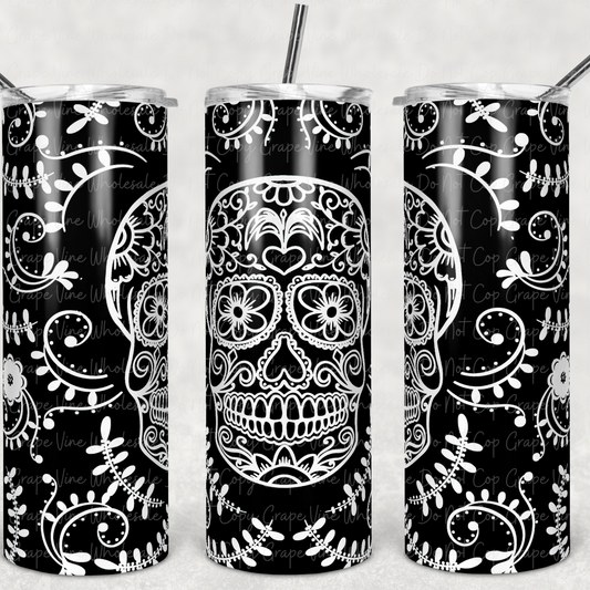 Sugar Skull (Black and White) 20oz Skinny Tumbler Grape Vine Wholesale