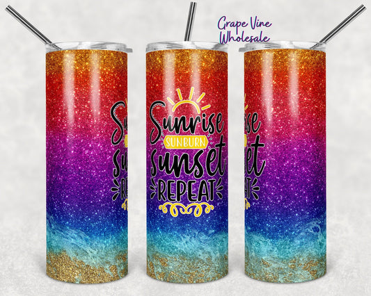 Sunrise Sunset Repeat Bright Glitter Burst 20oz Skinny Tumbler Grape Vine Wholesale