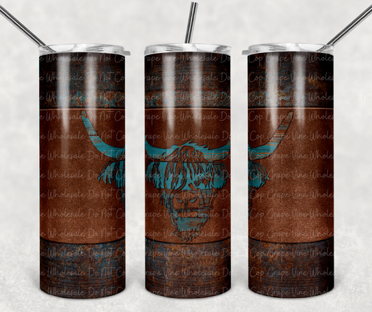 Teal Cow on Leather 20oz Skinny Tumbler Grape Vine Wholesale