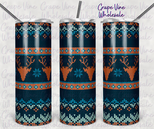 Teal & Orange Knitted Reindeer Sweater 20oz Skinny Tumbler Grape Vine Wholesale