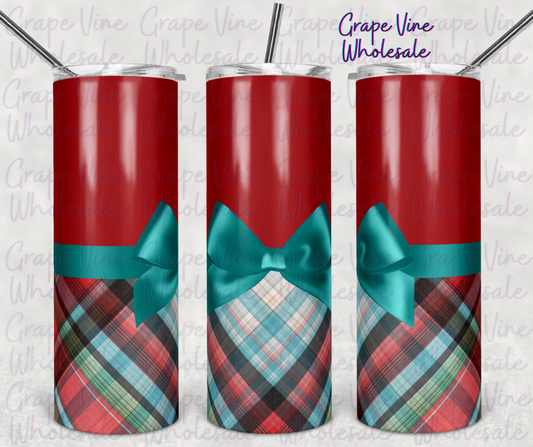 Teal Plaid Bow 20oz Skinny Tumbler Grape Vine Wholesale