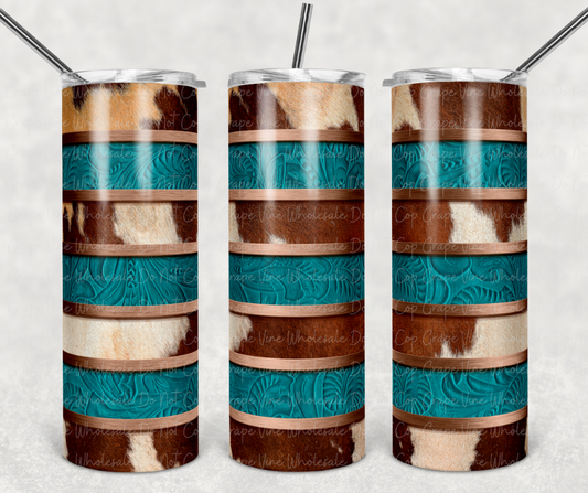 Teal Western Cowhide & Leopard Stripe 20oz Skinny Tumbler Grape Vine Wholesale