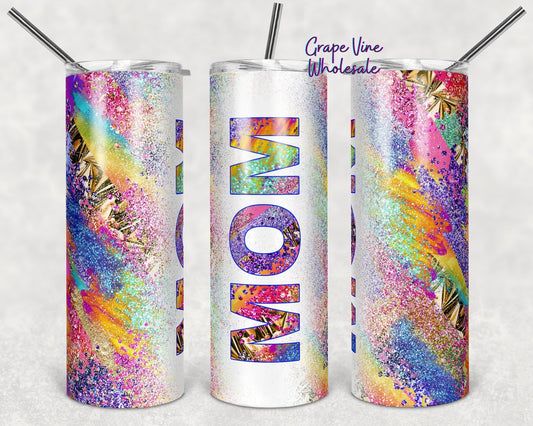 Textured Rainbow & Glitter Burst Mom 20oz Skinny Tumbler Grape Vine Wholesale