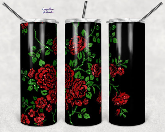 There Is No Rose Without Thorns Red & Green Glitter Burst 20oz Skinny Tumbler Grape Vine Wholesale