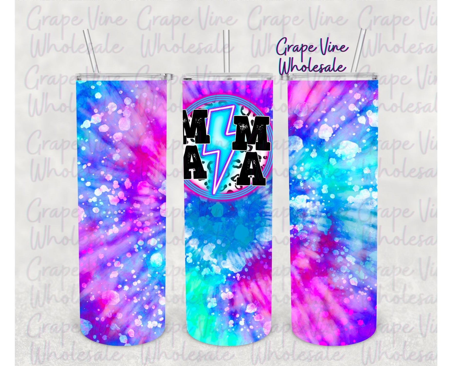 Tye Dye Glitter Burst Mama 20oz Skinny Tumbler Grape Vine Wholesale