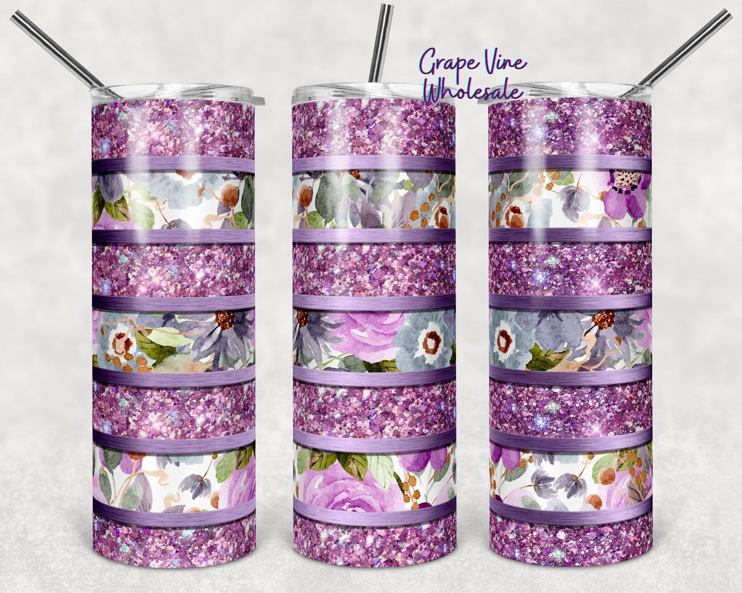 Water Color Floral & Purple Glitter Burst Striped 20oz Skinny Tumbler Grape Vine Wholesale