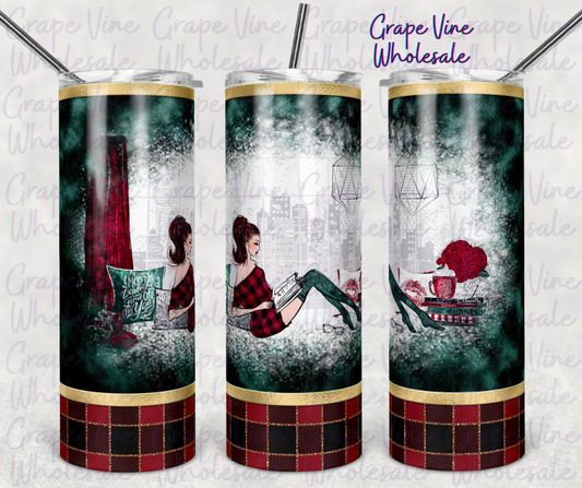 Winter Day Green Velvet & Buffalo Plaid 20oz Skinny Tumbler Grape Vine Wholesale